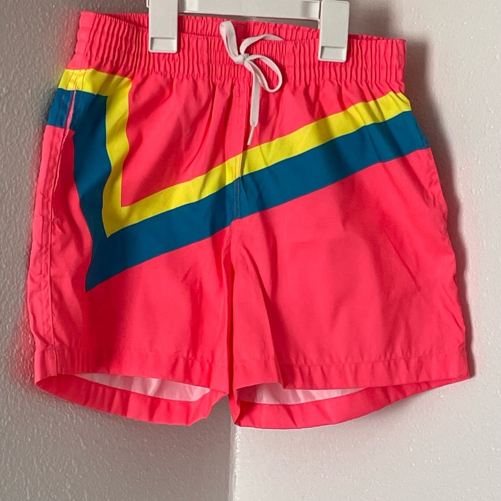 chubbies Neon Pink Swim Trunks with Yellow & Navy V-Stripe